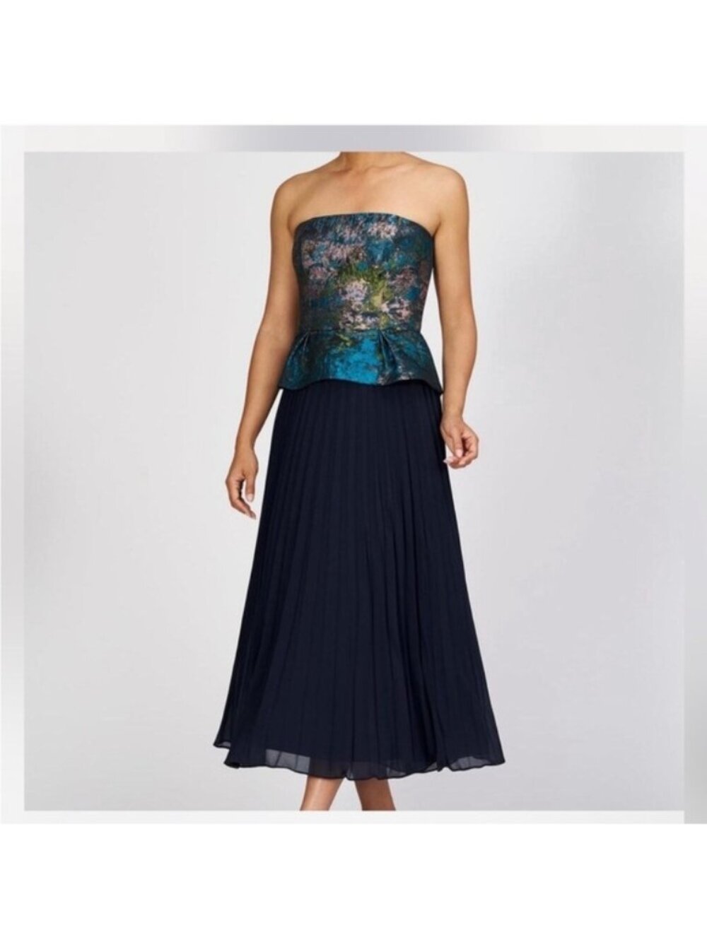 Strapless Teal Floral Peplum Pleated Midi Dress